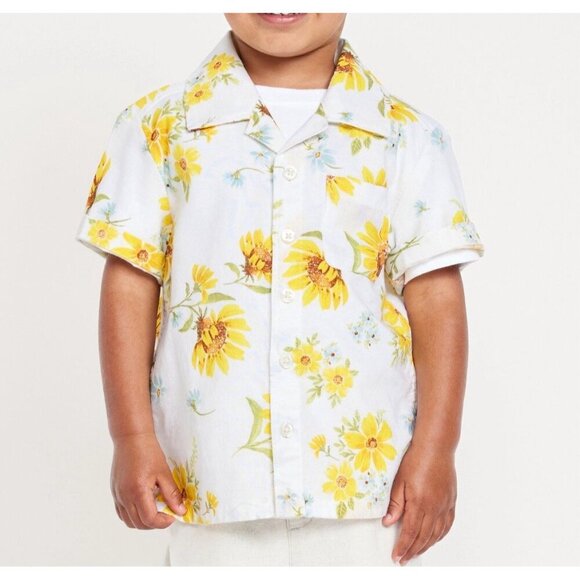 Old Navy Toddler Boys Linen Blend Shirt Short Sleeve Floral Print Sunflower 3T - Picture 3 of 7